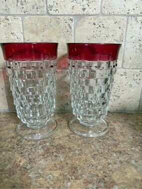 2 Fostoria Whitehall Red Rim Iced Tea Glasses-vintage